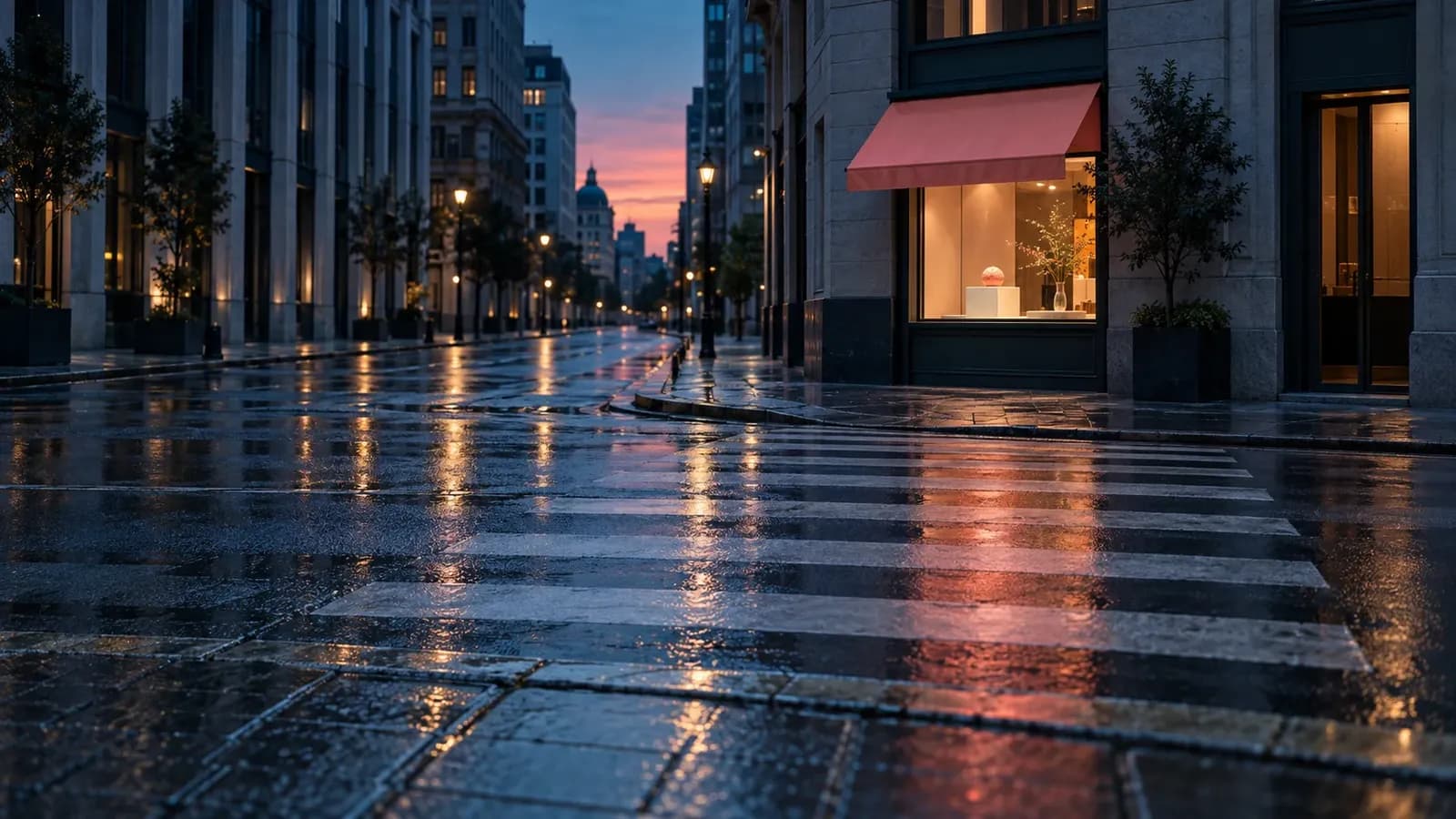 A wet city street at blue hour seen from the kerb, with an empty crossing leading to a shopfront under a coral pink awning where one pale peach confection glows alone in the window.