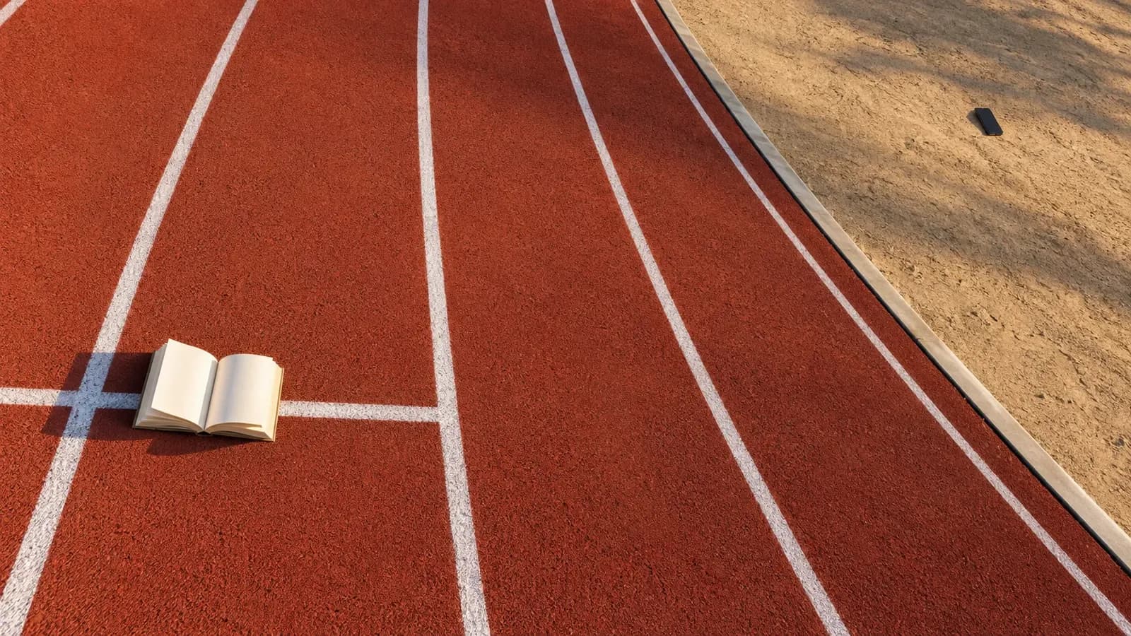 Overhead view of a terracotta running track with an open paperback resting on a white start line, and a phone lying face down on the sandy infield a few lanes away.