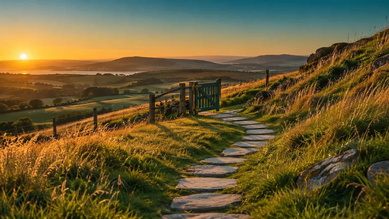 Flat stone slabs form a curving path through tall amber grass on a green hillside at golden hour, leading to an open teal farm gate with brass hardware under a teal and gold sky.