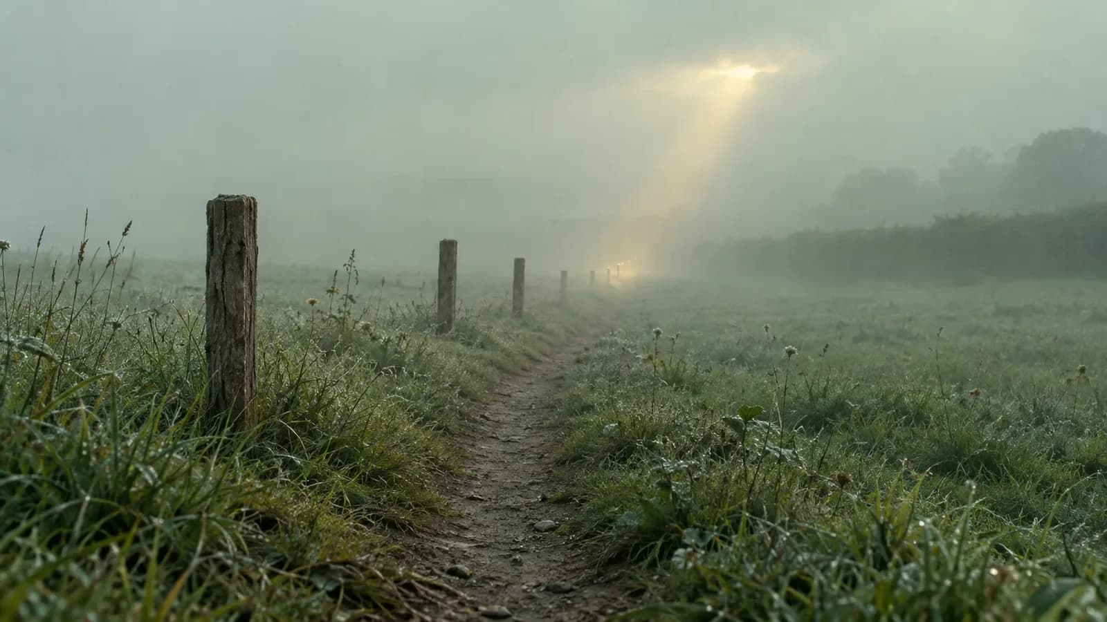 A worn footpath through a sage-green meadow in mint-tinted fog, lined with wooden marker posts that fade into the mist toward one patch of soft golden light.