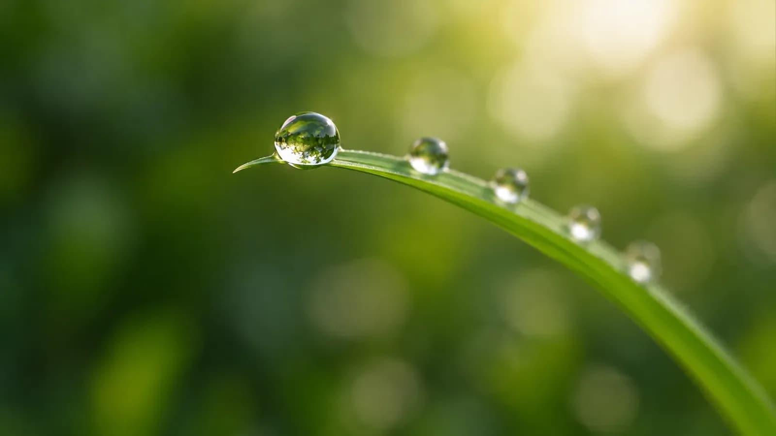 Macro photograph of a blade of grass with a row of evenly spaced dew drops along its edge, set against a soft blur of forest green leaves and cream light.