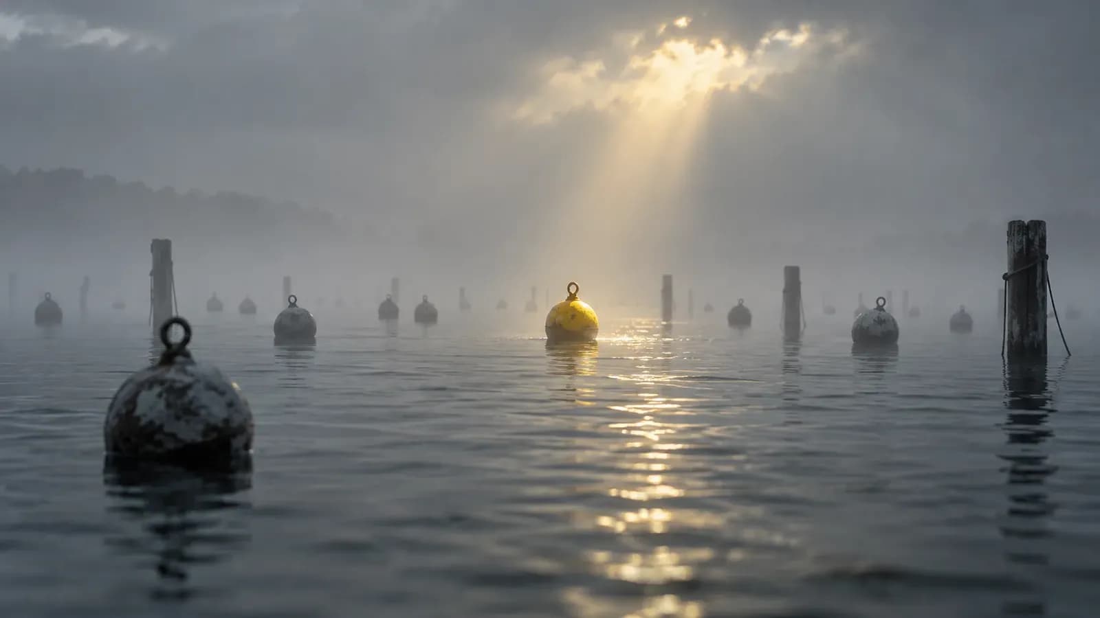 A foggy bay with many grey buoys fading into mist, and a single yellow buoy lit by a shaft of warm sunlight breaking through the clouds.