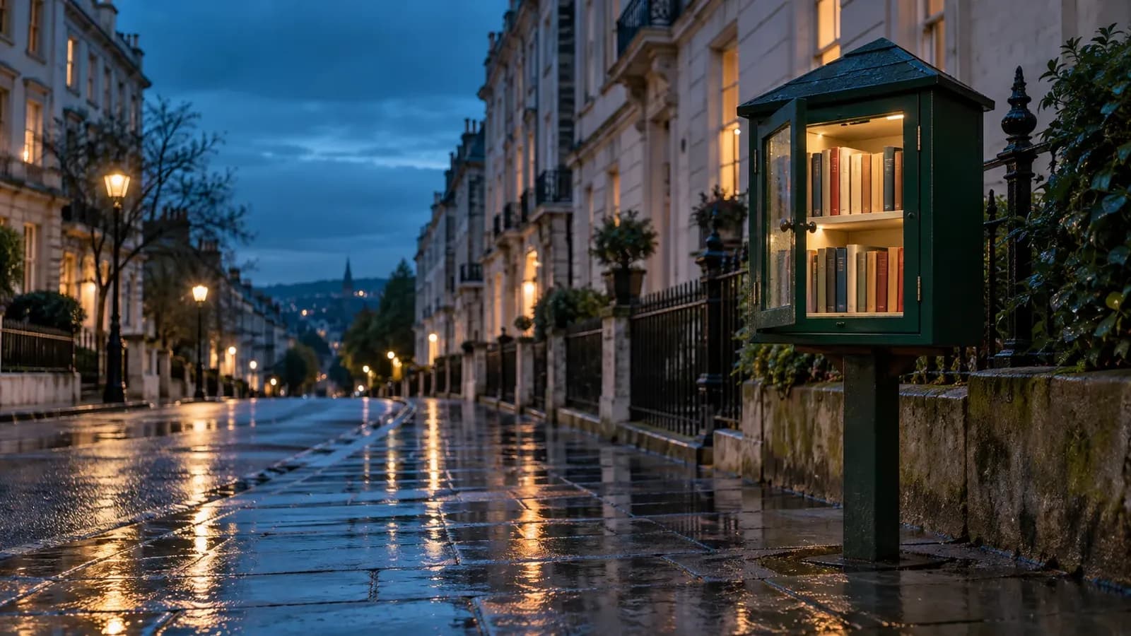 A forest-green street book cabinet glowing with cream light on a wet city corner at blue hour, with warm windows and cream stone buildings reflected in the pavement.