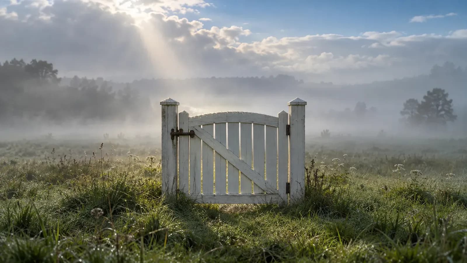 A closed white garden gate standing alone in a foggy meadow under a sky breaking from soft white cloud to pale blue, with a single shaft of sunlight lighting the gate and wet grass.