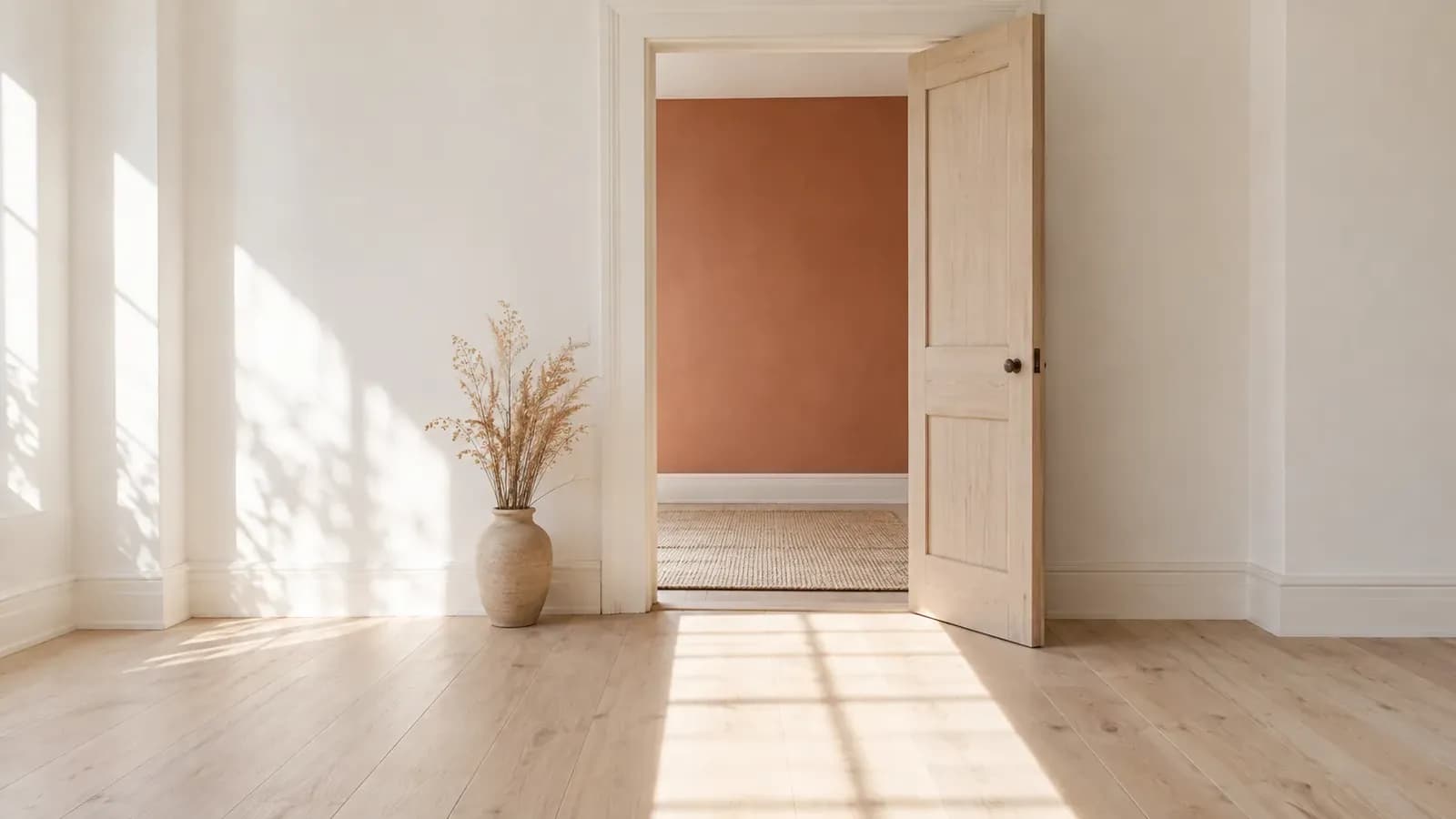 A bright white room with pale wood floor and a half-closed door opening onto a terracotta-walled room, with a sharp band of morning sunlight ending at the threshold.