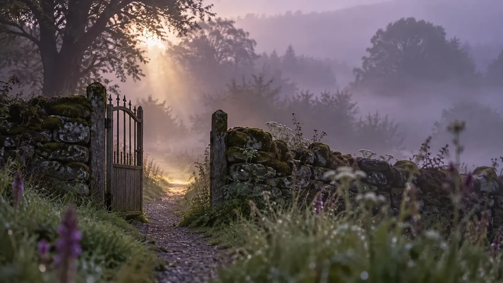 A weathered garden gate standing slightly open in a low stone wall, with a gravel path leading into lavender and lilac fog and a single shaft of golden morning light on the path.