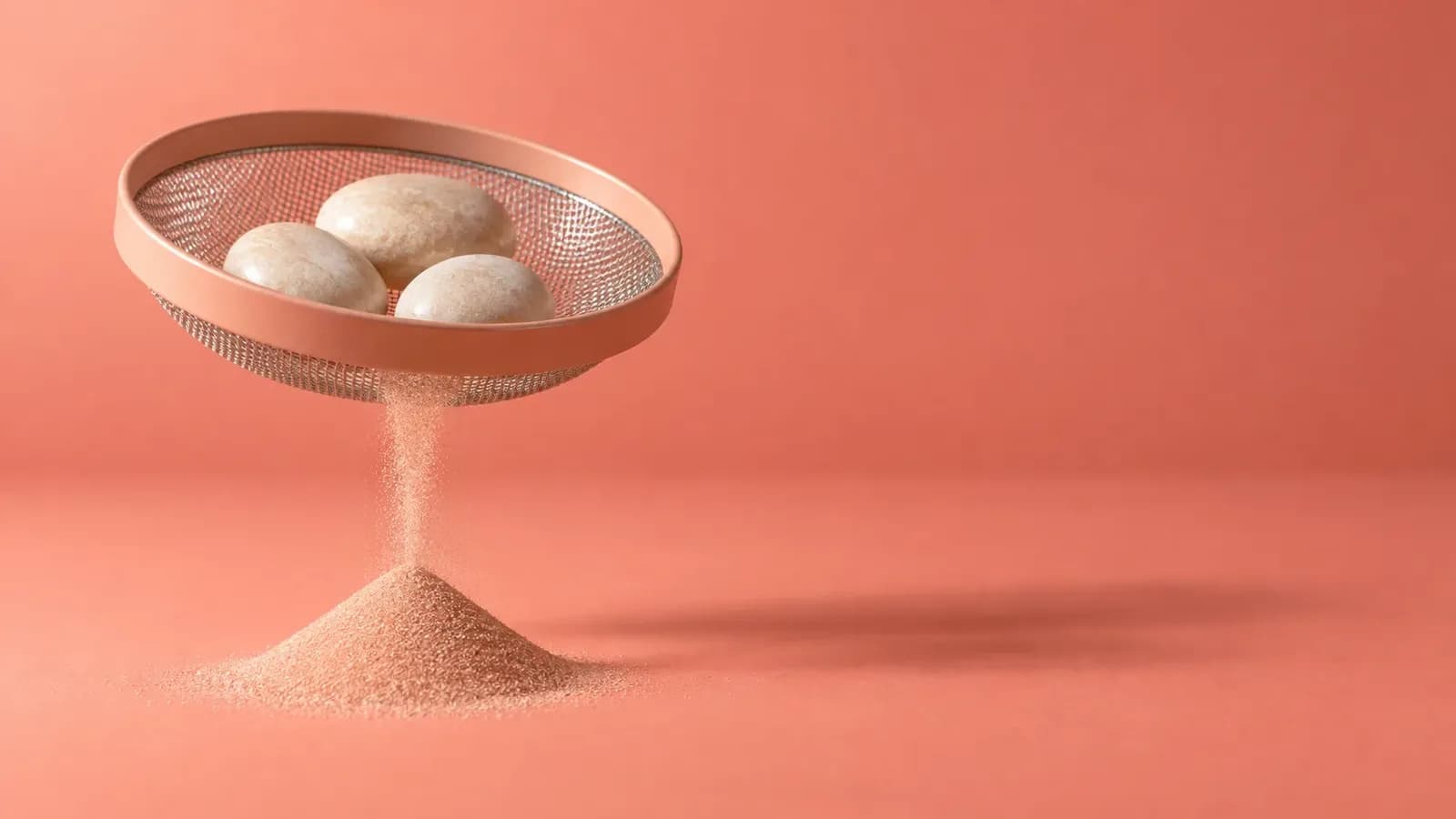 A peach-rimmed sieve tilted on a coral pink studio backdrop, holding three smooth pale stones while fine sand has fallen through into a small cone beneath it.