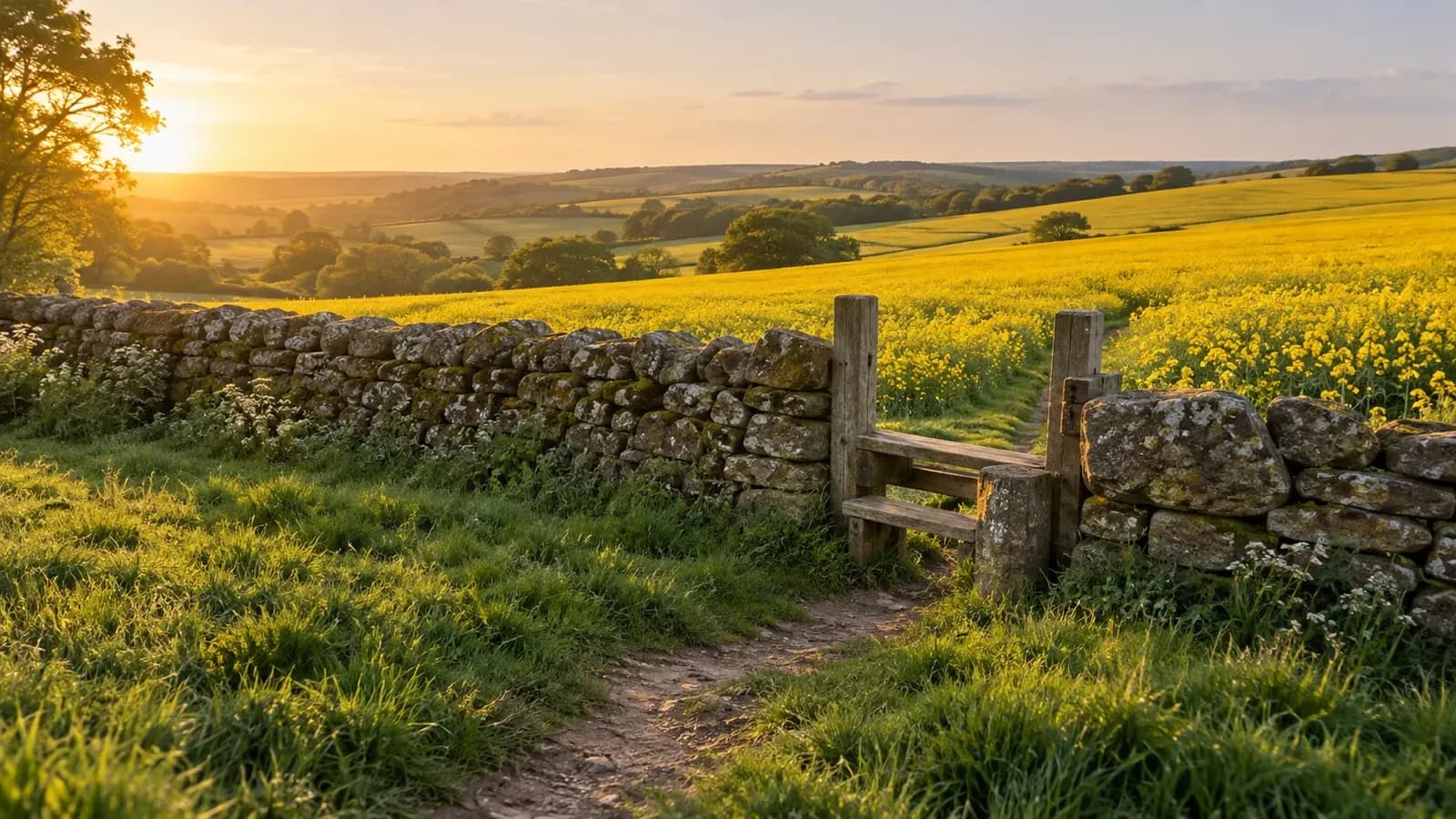 A weathered wooden stile in a dry-stone wall where a worn footpath leads from green grass into a field of yellow rapeseed, lit by low golden-hour sun with long shadows.