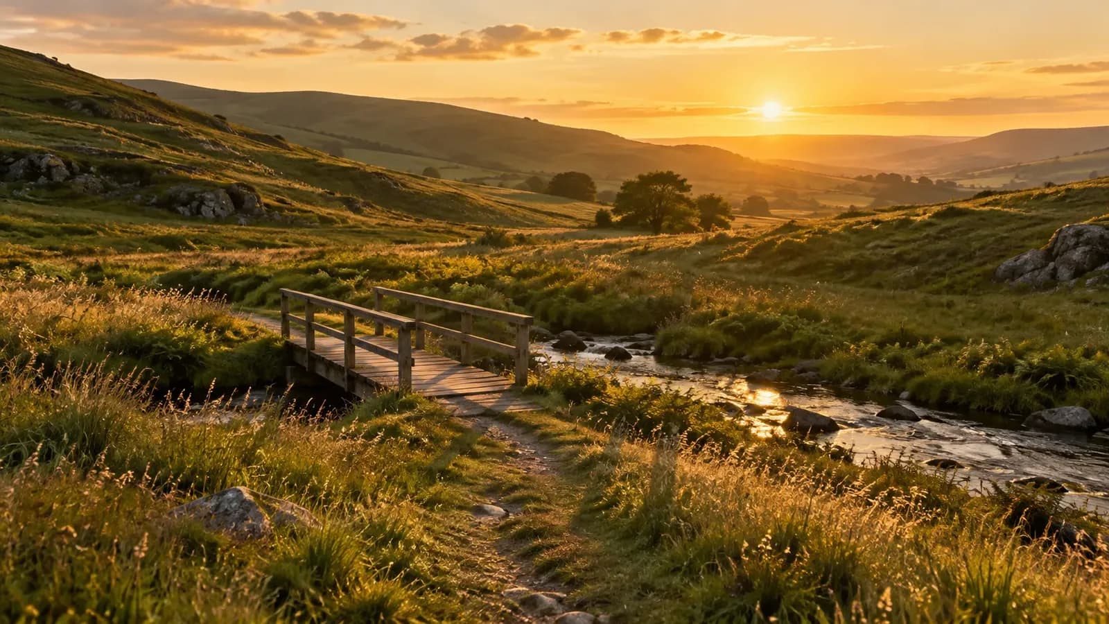 A small weathered plank footbridge crosses a shallow stream in a hillside meadow at golden hour, with long shadows over amber grass and a sunny yellow sky.