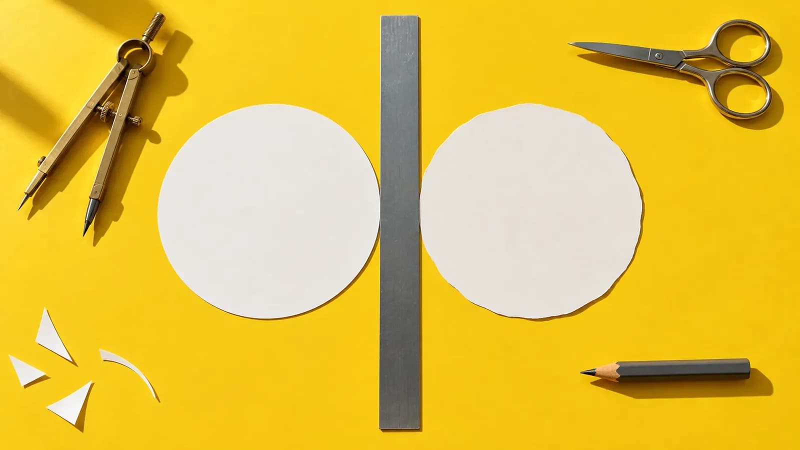 Overhead view of two warm-white paper circles on a bright mustard-yellow surface, one precisely cut and one slightly uneven, set against a straight steel ruler with scissors, a compass and a pencil stub nearby.