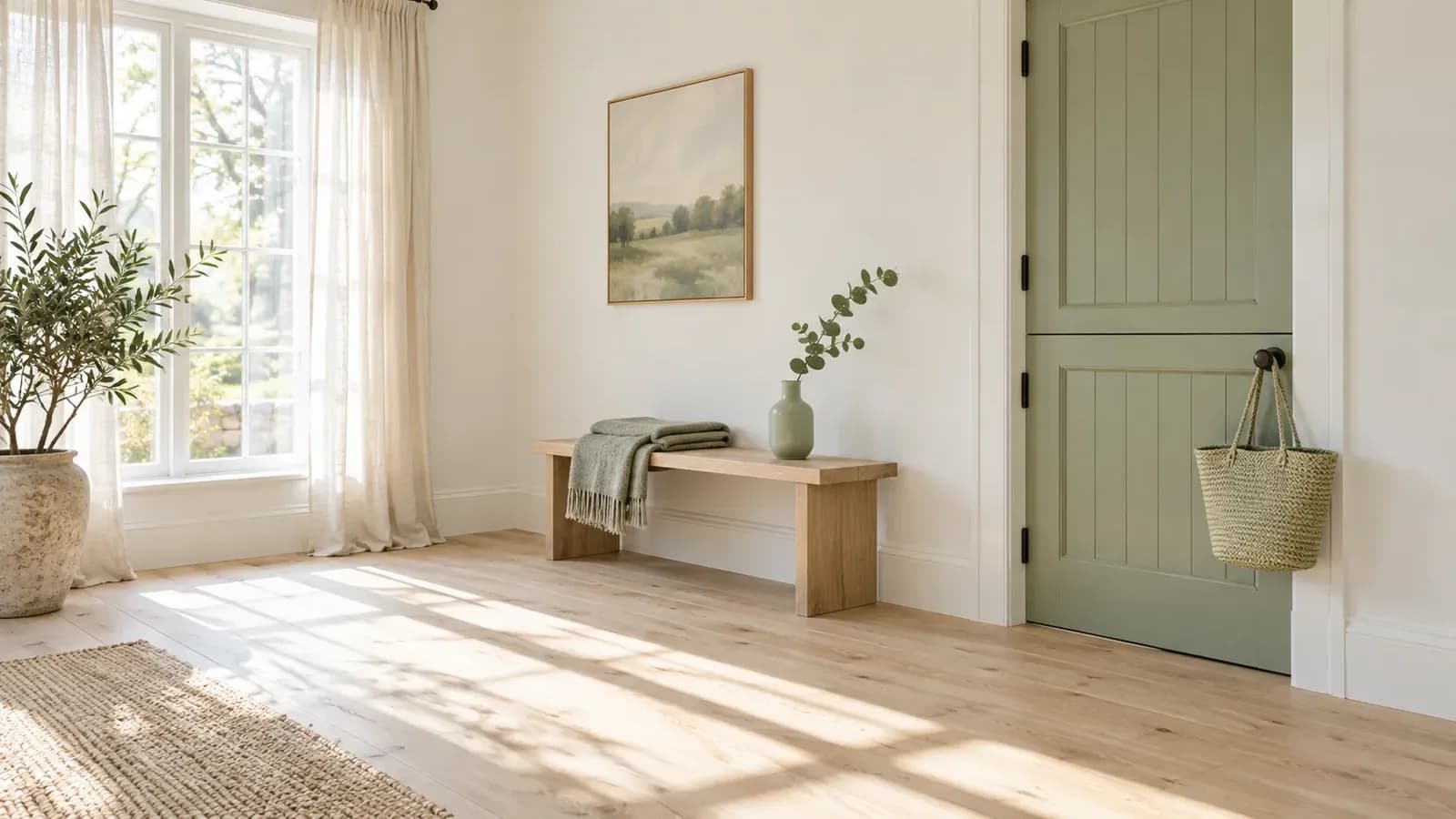A bright, white-walled room corner with pale wood floors and a sage green half-door, a mint basket hanging on its handle, and a low oak bench with a folded green blanket in morning light.
