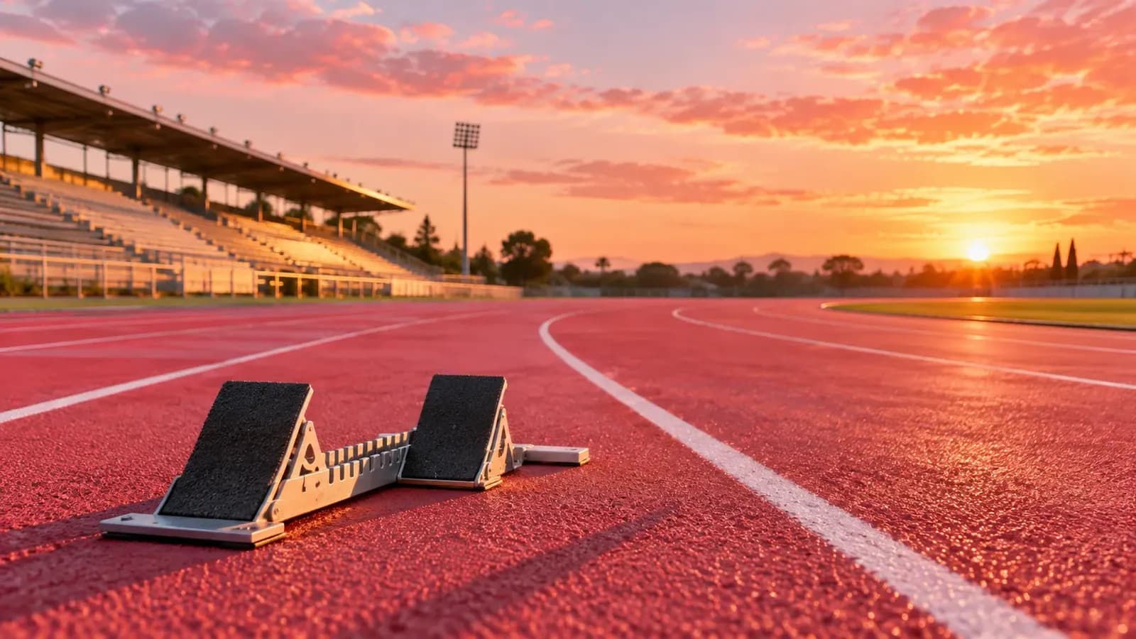 Low-angle view of an empty coral-pink running track at sunrise, with starting blocks in the foreground and white lane lines leading toward a peach-coloured sky.