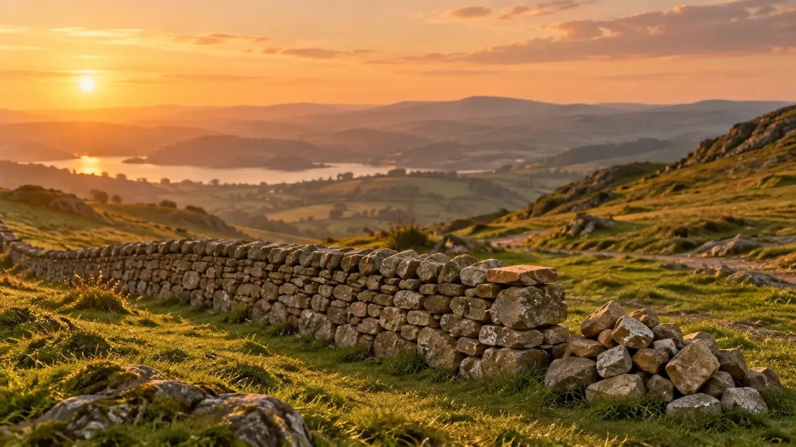 An unfinished dry-stone wall on a green hillside at golden hour, with a pile of spare stones and one terracotta-coloured stone resting on the open end under a sand and terracotta sky.