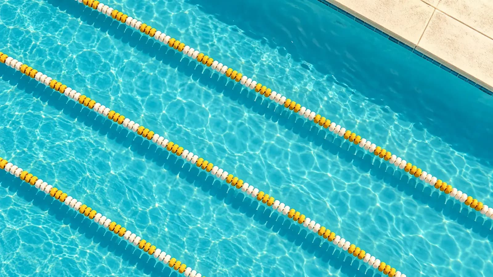 Aerial view of an empty swimming pool at sunrise with three lanes divided by yellow and white lane ropes over bright turquoise water.