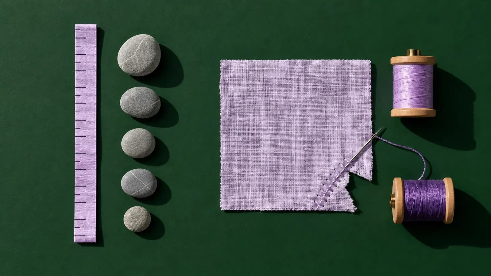 Overhead view of a lilac measuring strip beside five grey pebbles, next to a lavender linen square with a mended corner, needle and thread spools, on a forest-green surface.