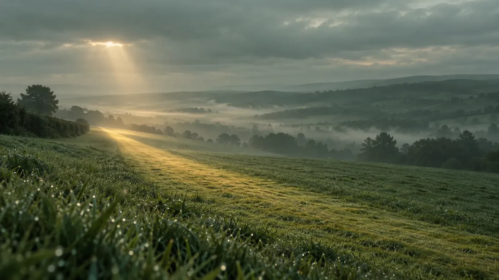 A misty green meadow at dawn after rain, with a single shaft of sunlight falling on a straight freshly mown strip of grass leading toward the horizon.