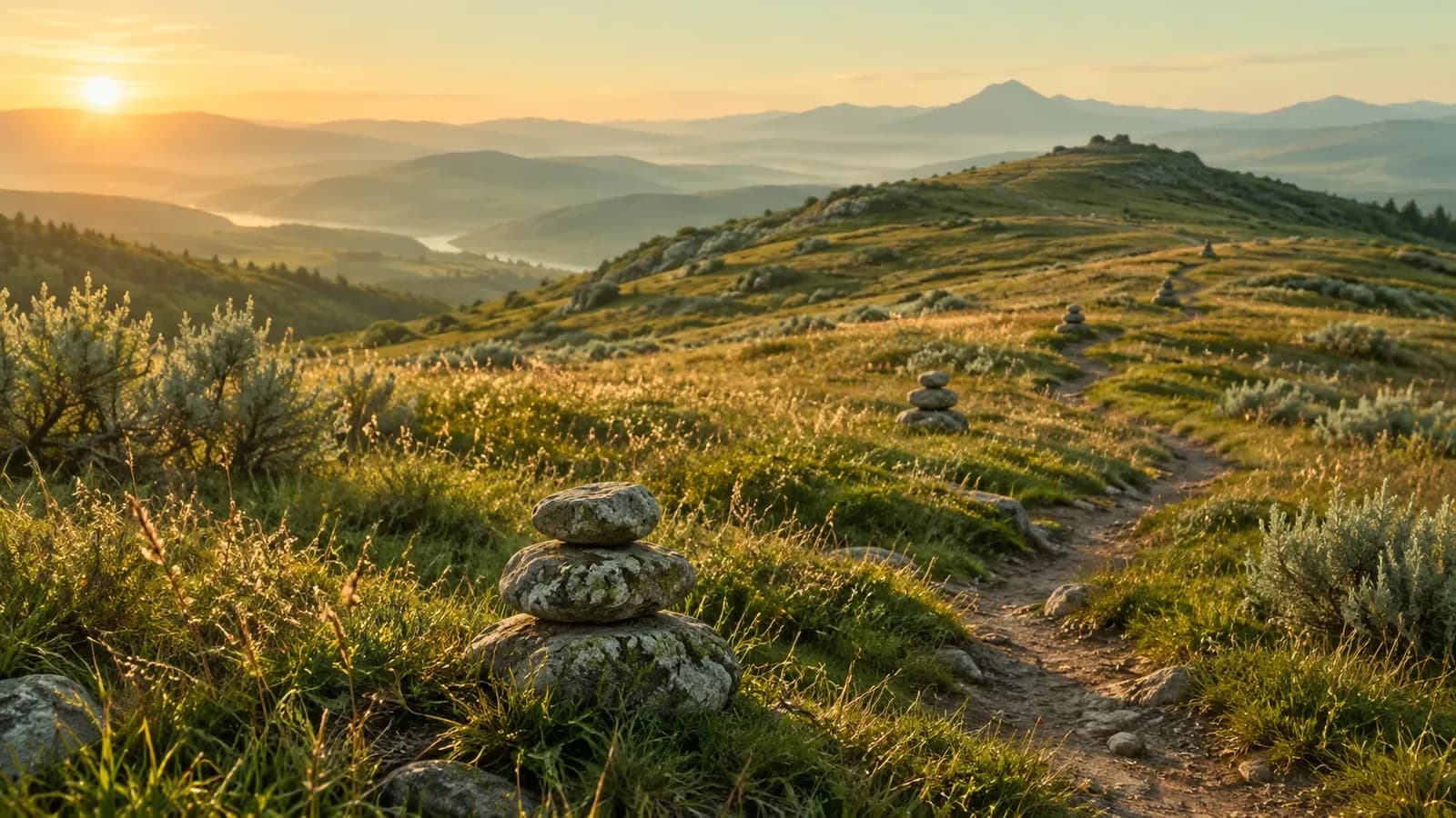 Golden-hour hillside of green grass and amber meadow with a dirt trail marked by evenly spaced small stone cairns, the nearest in sharp focus, under a mint and sage green sky.