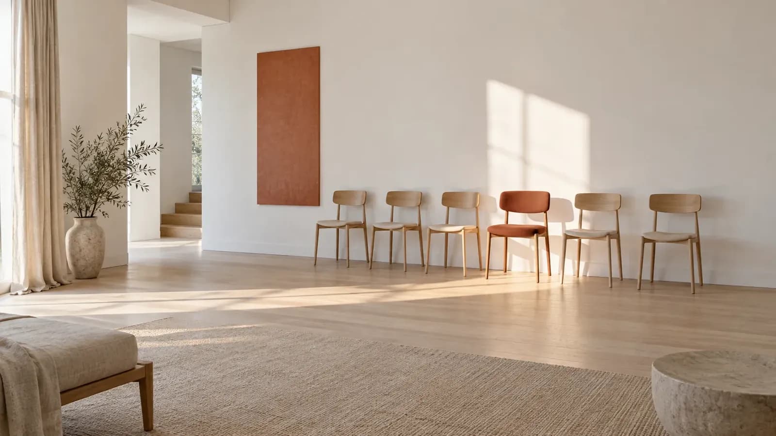 A bright white room with pale wood floor and a row of pale wooden chairs, where one terracotta chair sits alone in a sharp rectangle of morning sunlight beside a sand-coloured curtain.