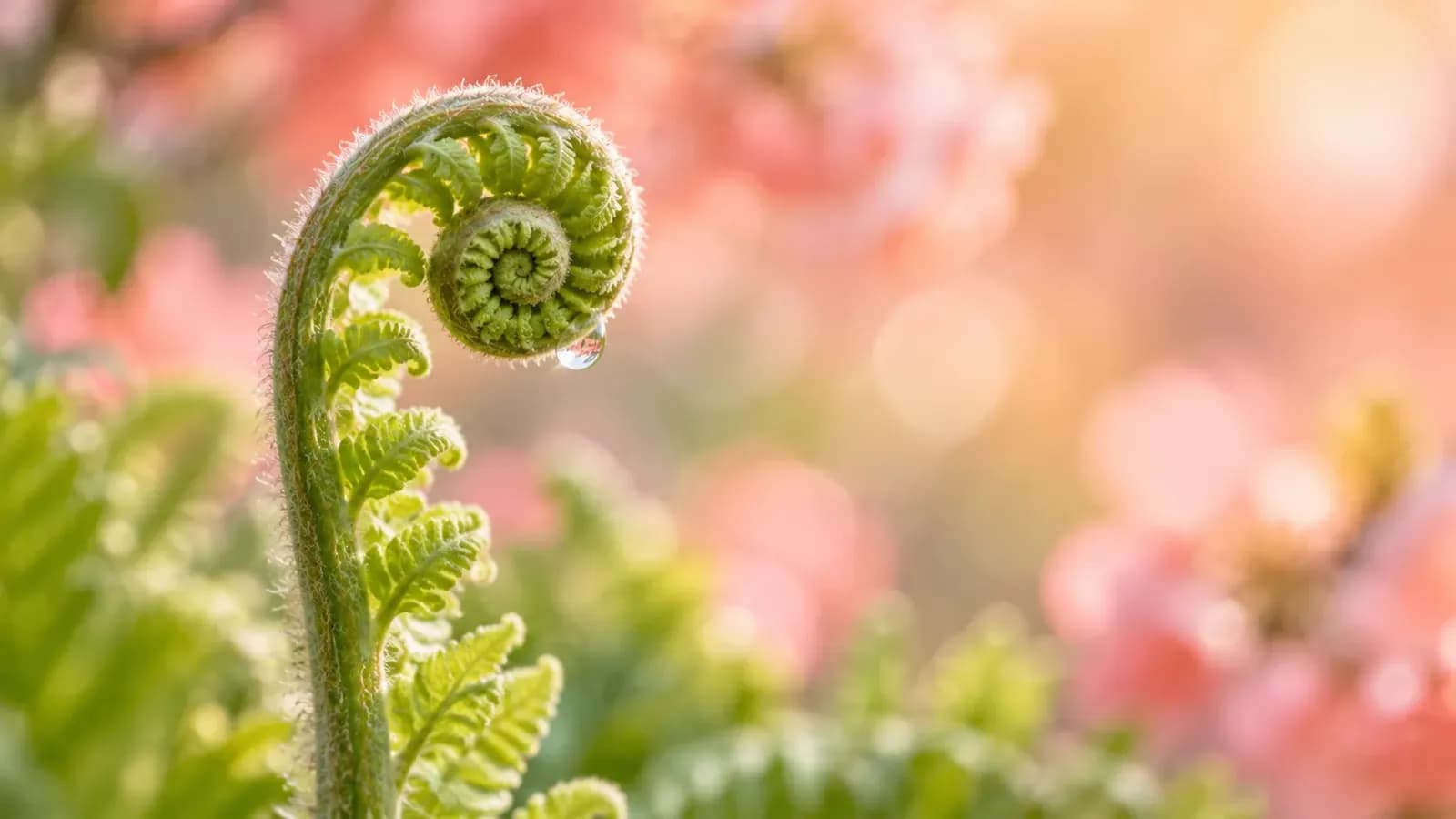 Close-up of a green fern fiddlehead curled in a spiral with a tiny dew drop, set against a softly blurred background of coral pink and peach blossoms.