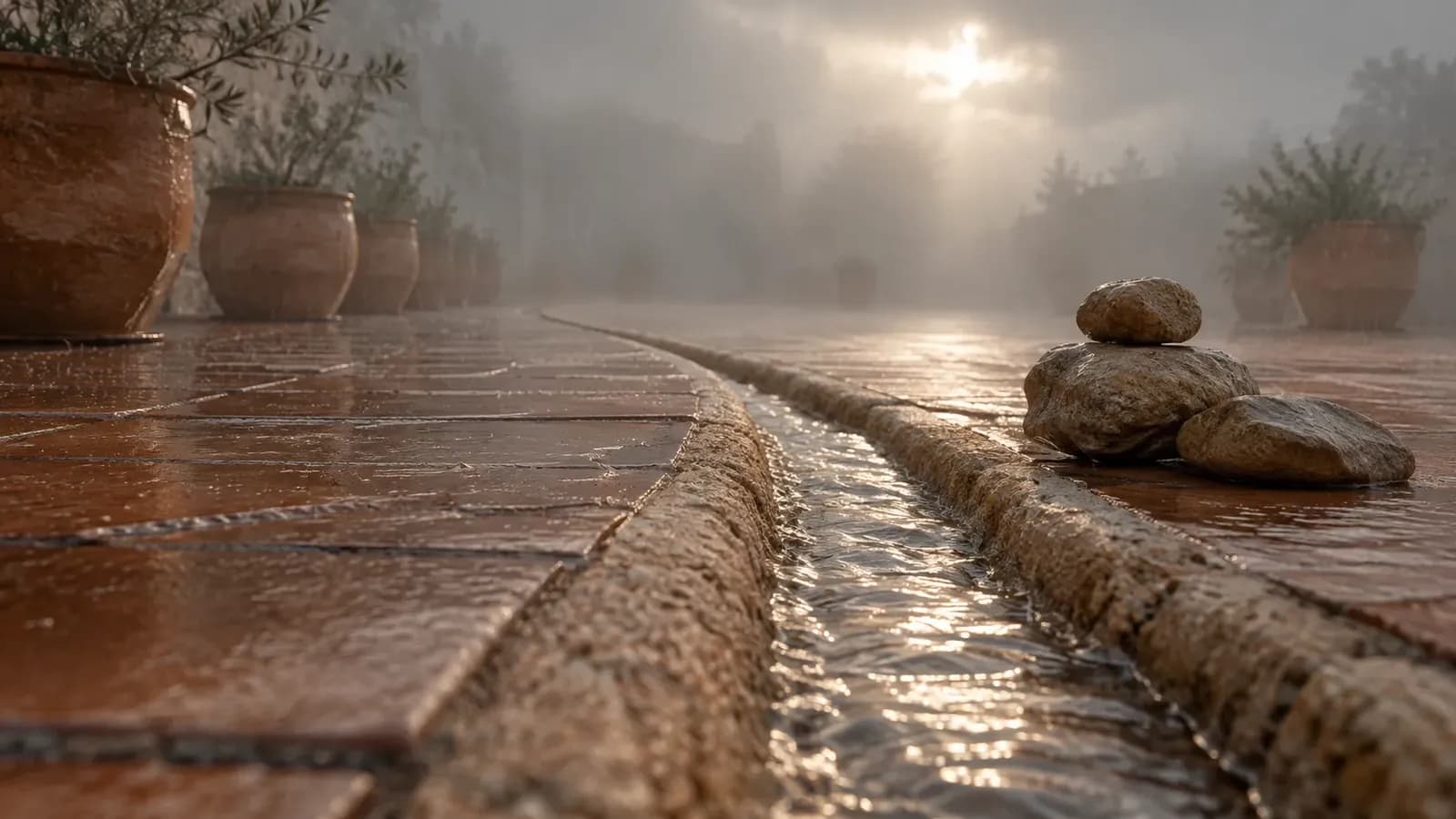Rainwater running along a shallow channel cut through sand-coloured gravel in a terracotta-tiled courtyard, with fog behind and a shaft of sunlight lighting the wet groove.