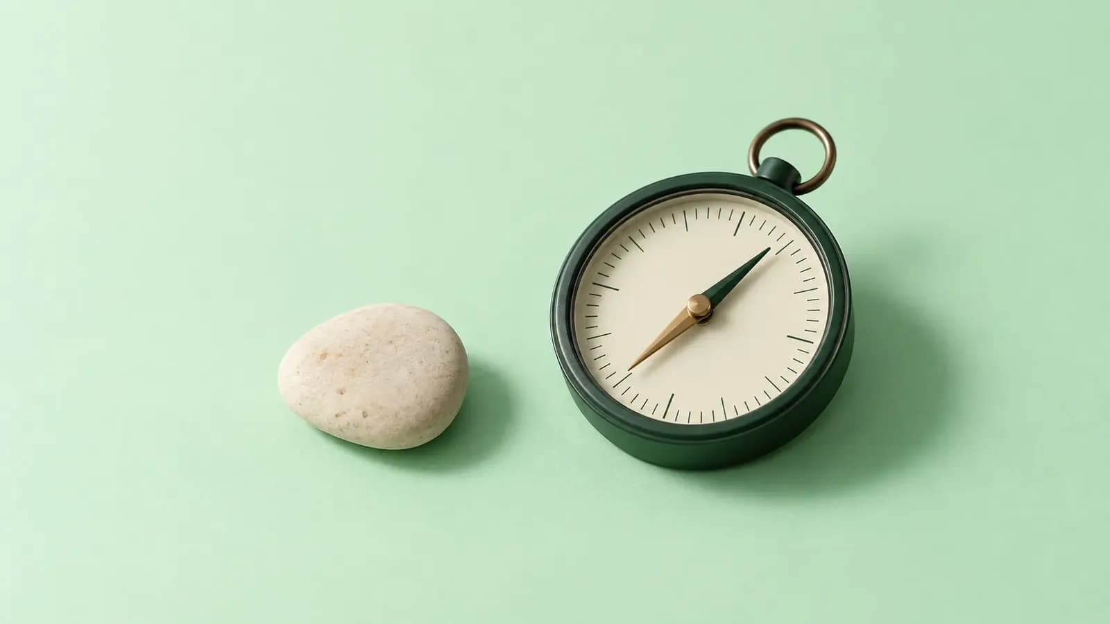 A forest green compass with a cream dial and a smooth cream pebble sit on a plain mint backdrop, lit softly with plenty of empty space around them.