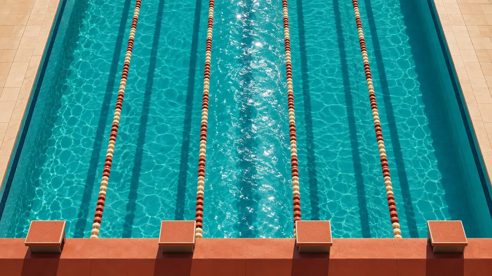 Overhead view of an empty swimming pool with four lanes separated by terracotta and sand-coloured lane ropes, a single rippled wake trailing down the middle lane in bright morning light.