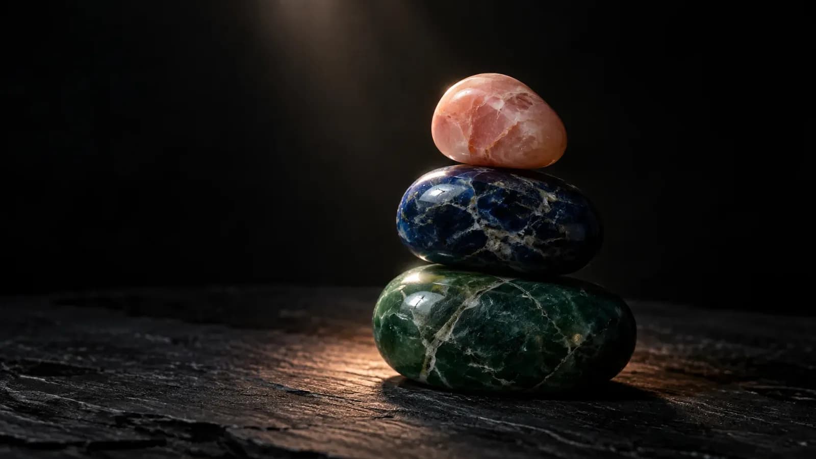 A small stack of three smooth stones, emerald, sapphire and a coral-peach stone on top, lit by a single narrow beam of light against a near-black background.