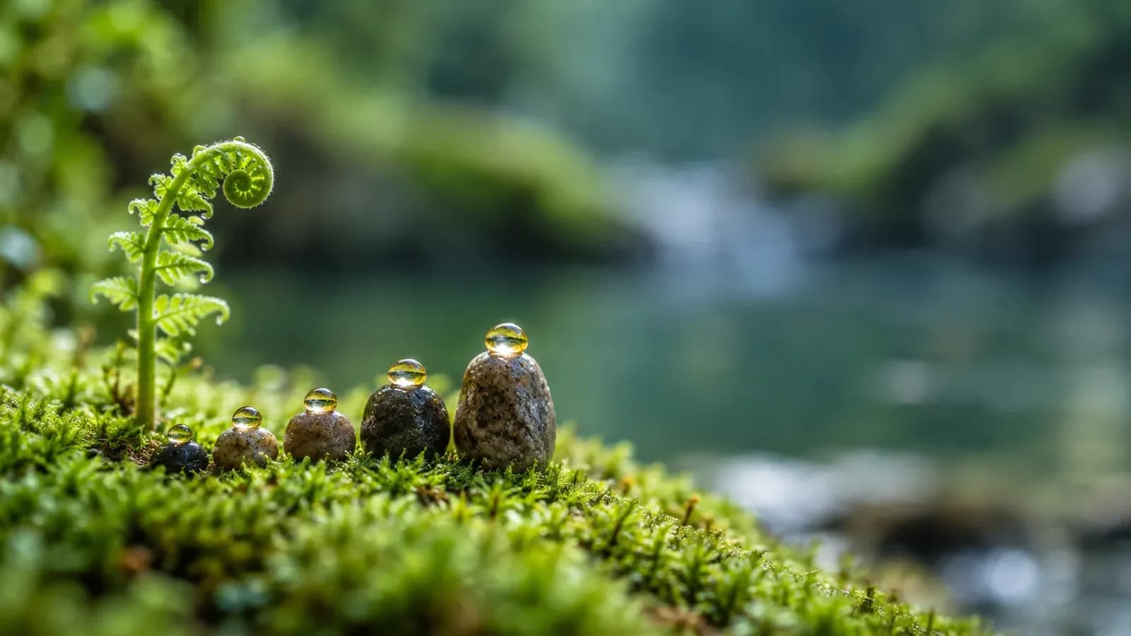 Close-up of a young fern frond unfurling from green moss beside a row of five small pebbles of rising height, each with a water droplet, against a soft deep teal background with brass gold highlights.