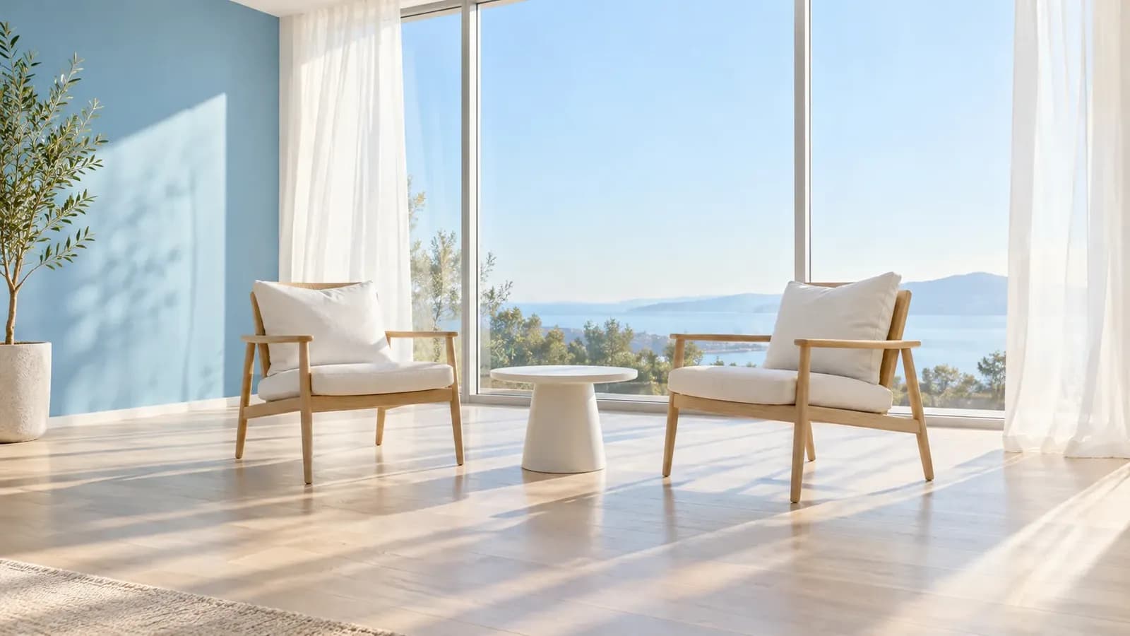 Two empty pale wood chairs angled slightly toward each other in a bright white room corner, with tall windows showing a clear sky-blue morning sky and sunlight on the floor.