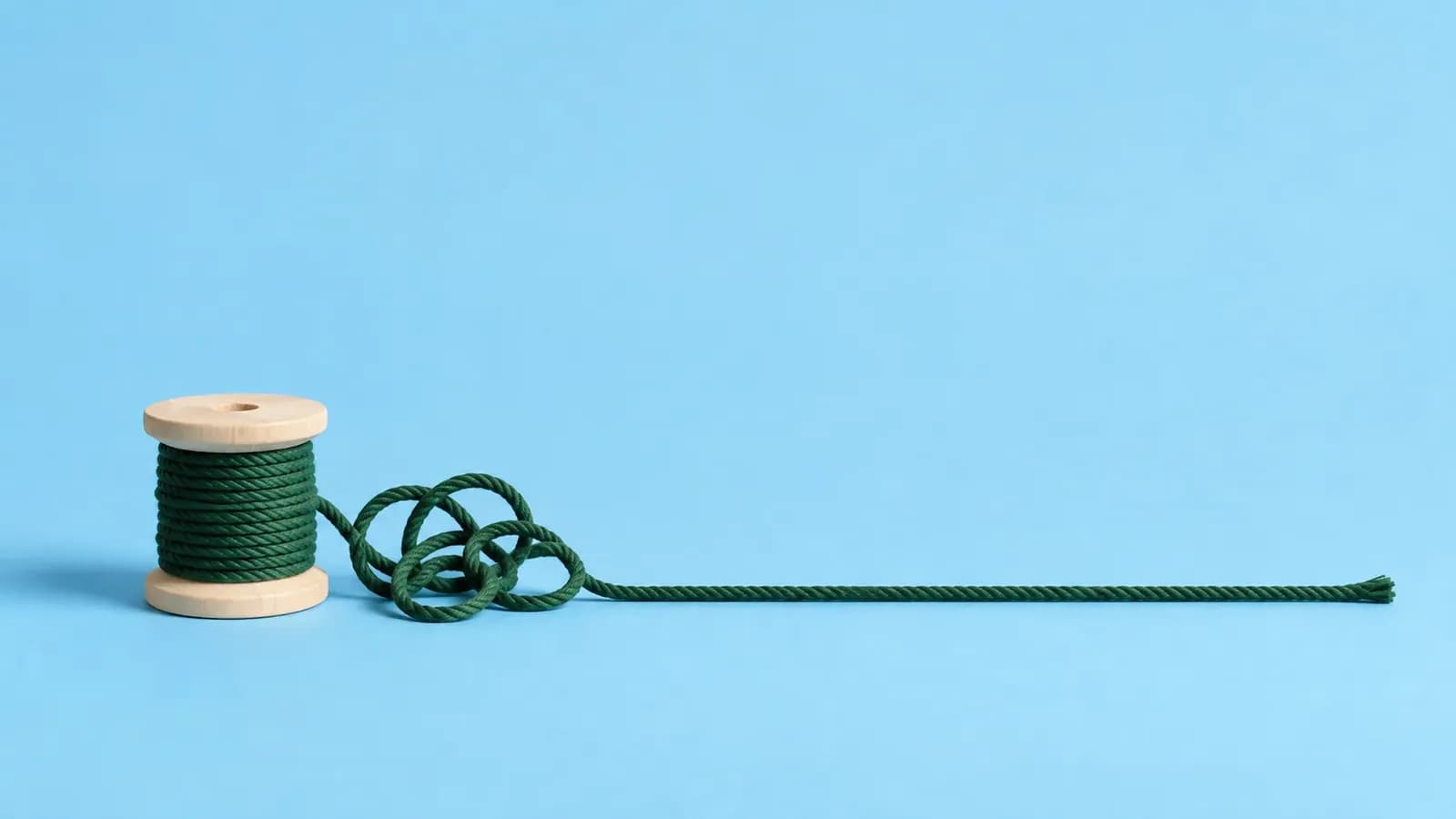 A cream wooden spool wound with forest green cord on a sky blue backdrop, the cord loosening from a small tangle into one straight line across the frame.
