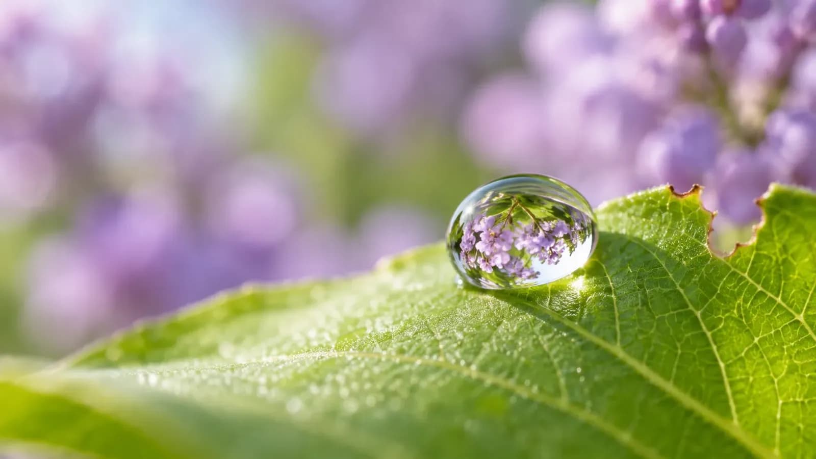 Close-up of a water droplet on a green leaf with a small chewed notch, the droplet showing an upside-down reflection of lilac flowers against a soft lavender blur.
