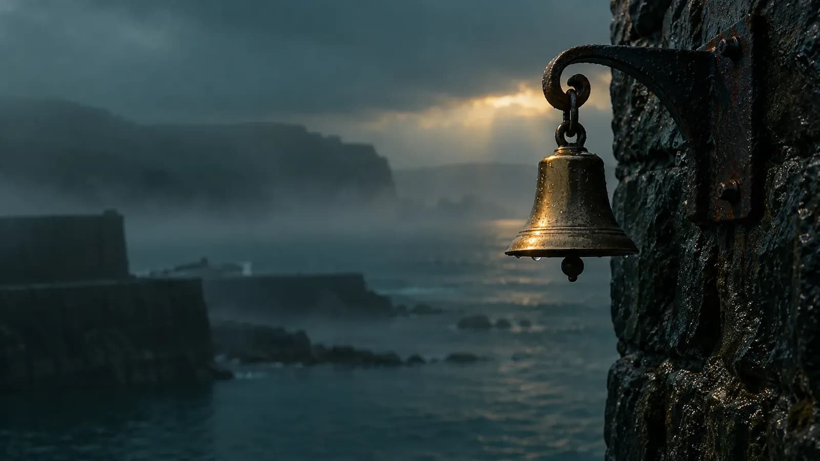 A small brass bell hanging from an iron bracket on a rain-damp stone wall in sea fog, with a thin shaft of golden light touching its rim against deep teal mist.