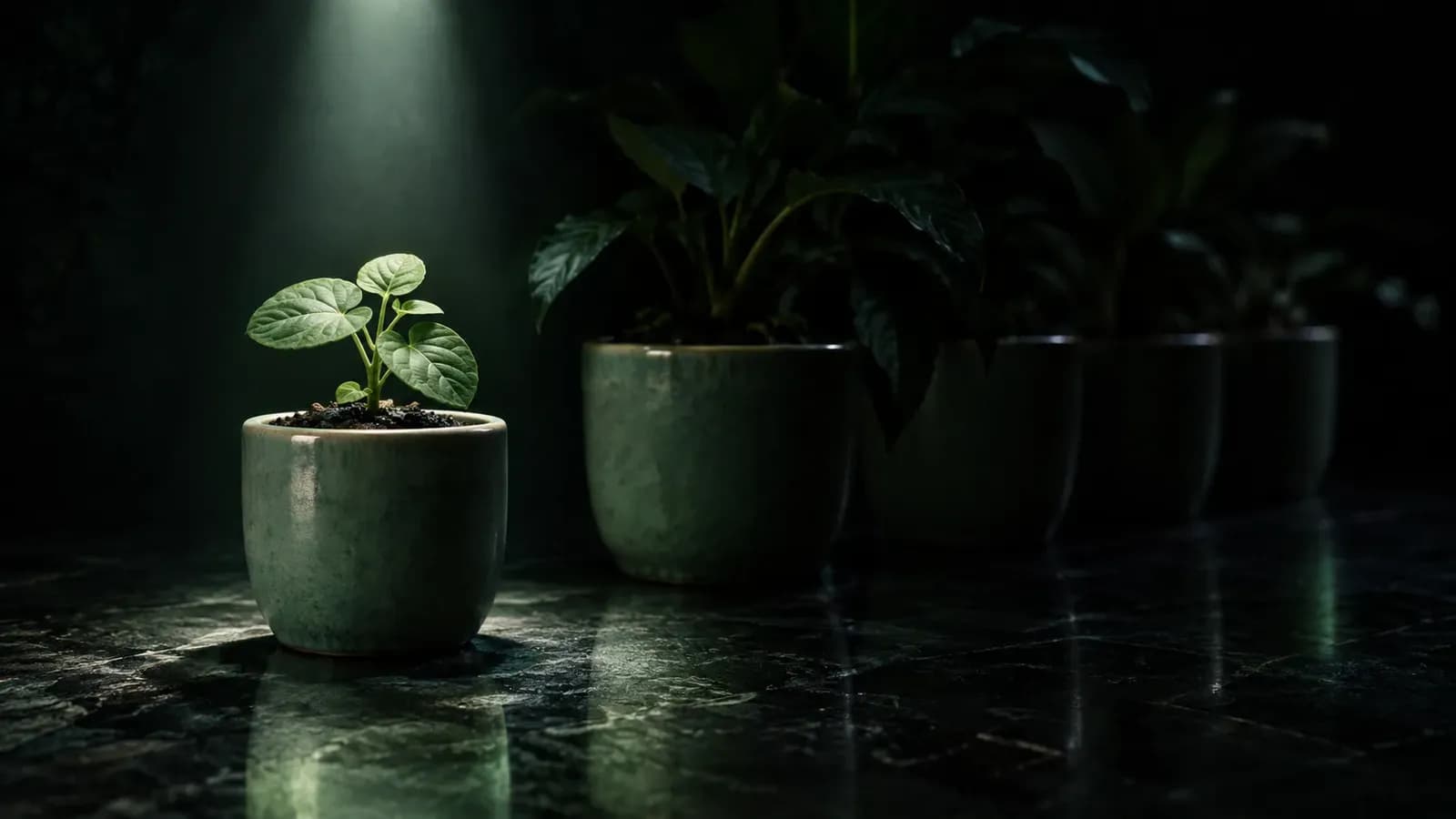 A small seedling in a sage-glazed pot lit by a single narrow beam of light, with a row of taller plants fading into darkness beside it, on a dark slate surface.