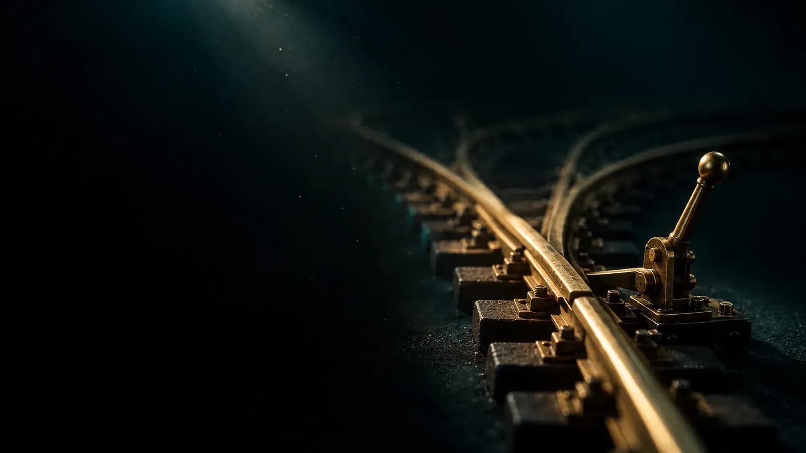 A polished brass rail splitting into several thin diverging tracks at a miniature junction, lit by a single narrow beam of light against a near-black, deep teal background.